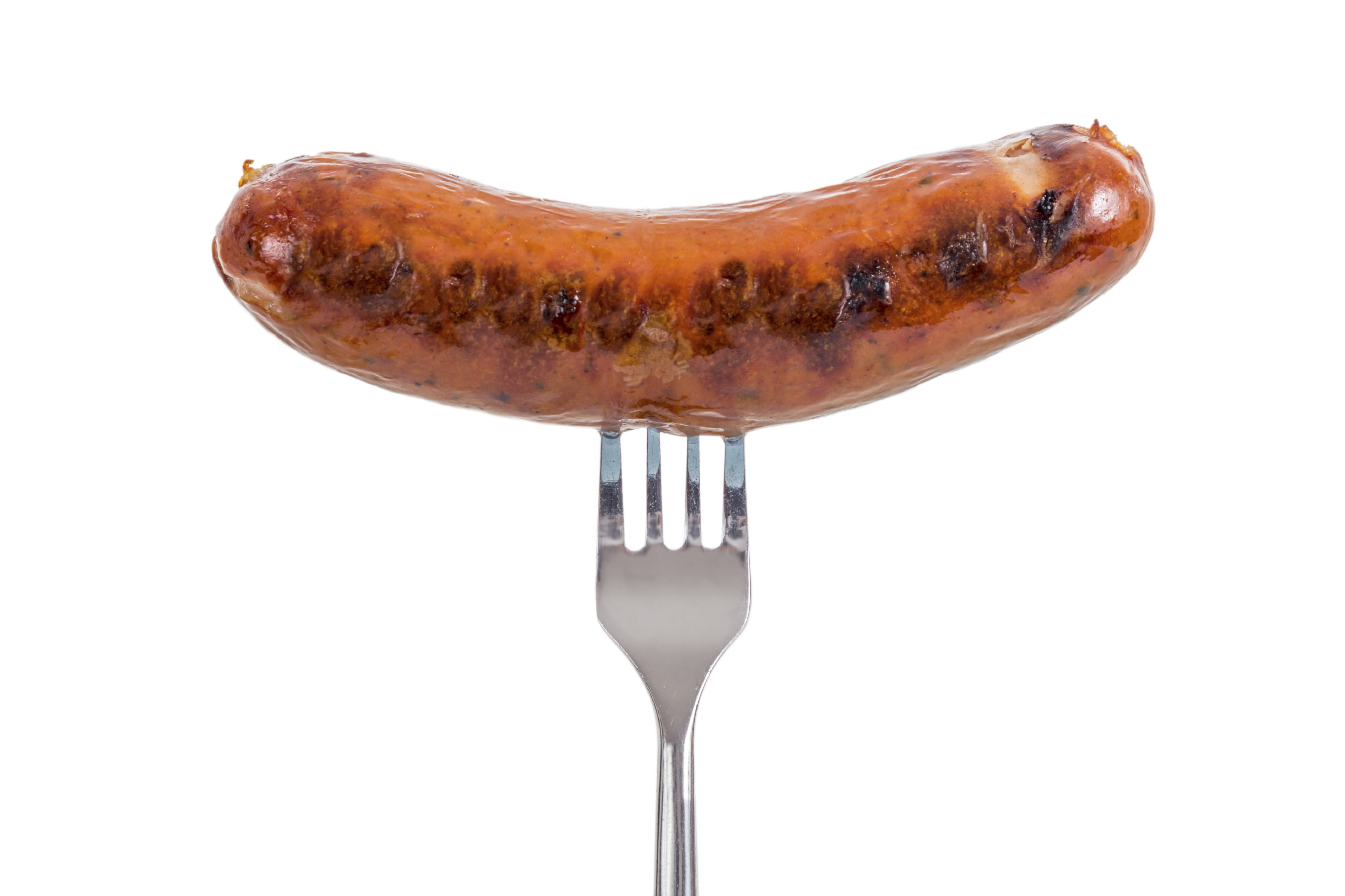 Grilled Sausage on a fork isolated on white background