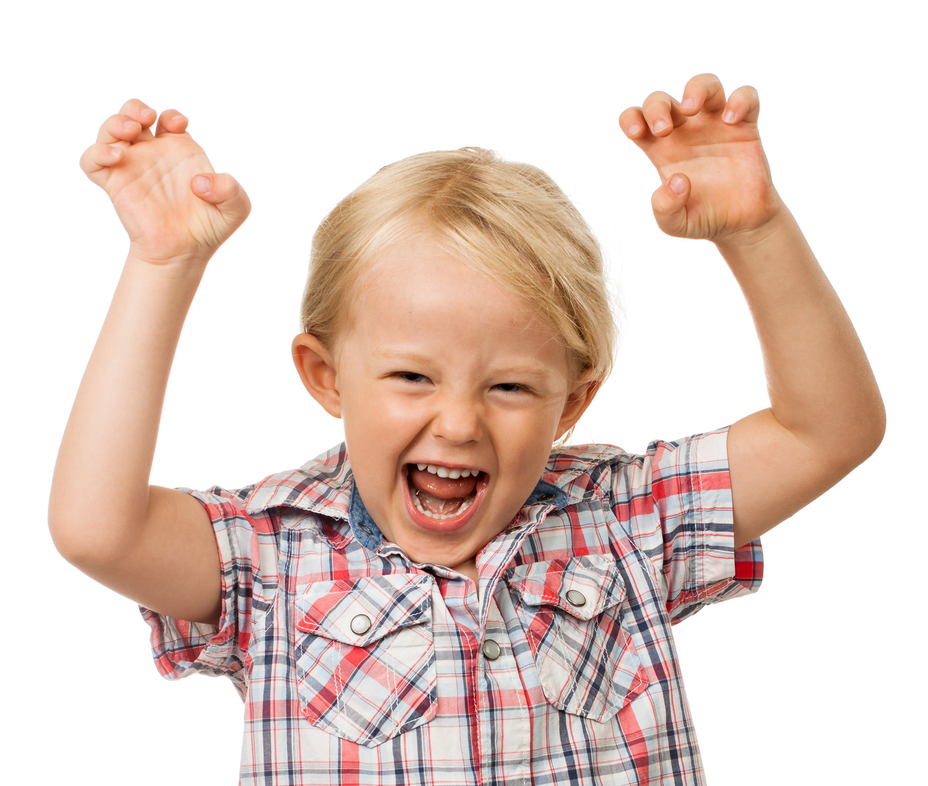A angry hyperactive young boy yelling. Isolated on white.